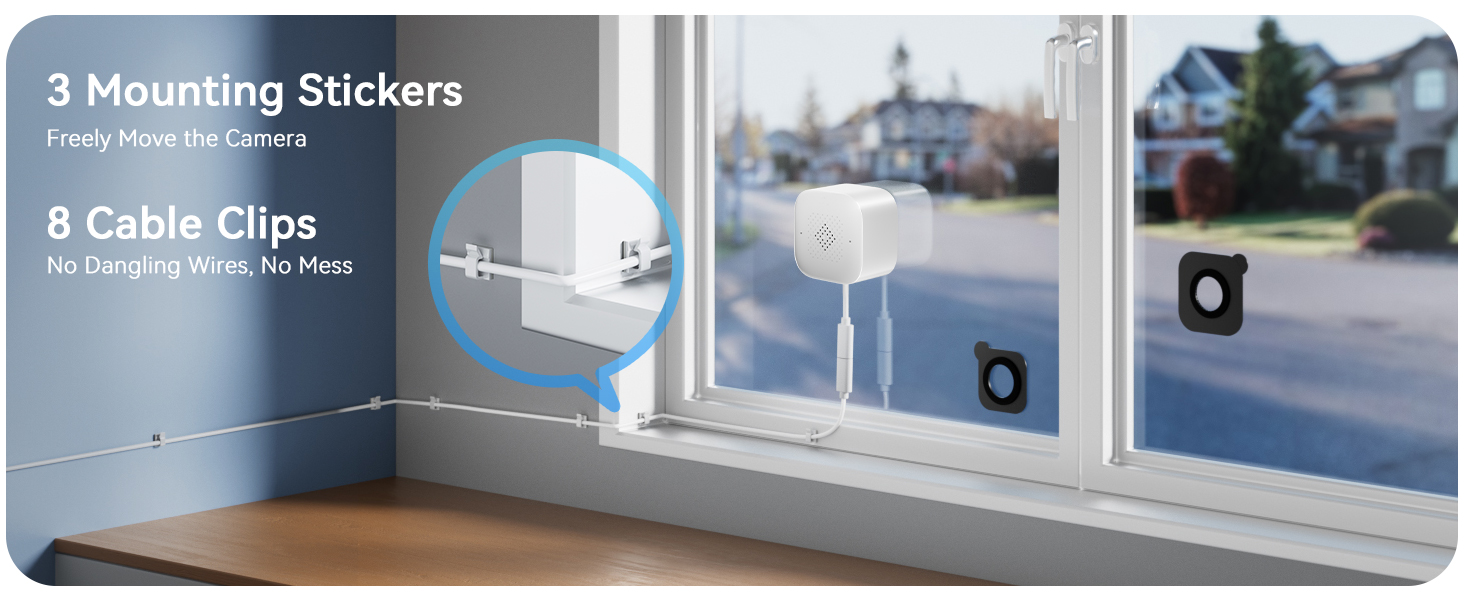 Text reads '3 Mounting Stickers' and '8 Cable Clips'. Installation guide showing cable management system mounted along window frames or walls.