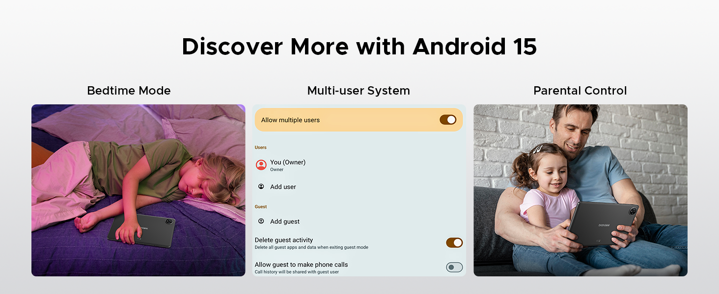 Android 15 interface preview showing three panels: bedtime mode with purple lighting, multi-user system menu, and parental control settings.