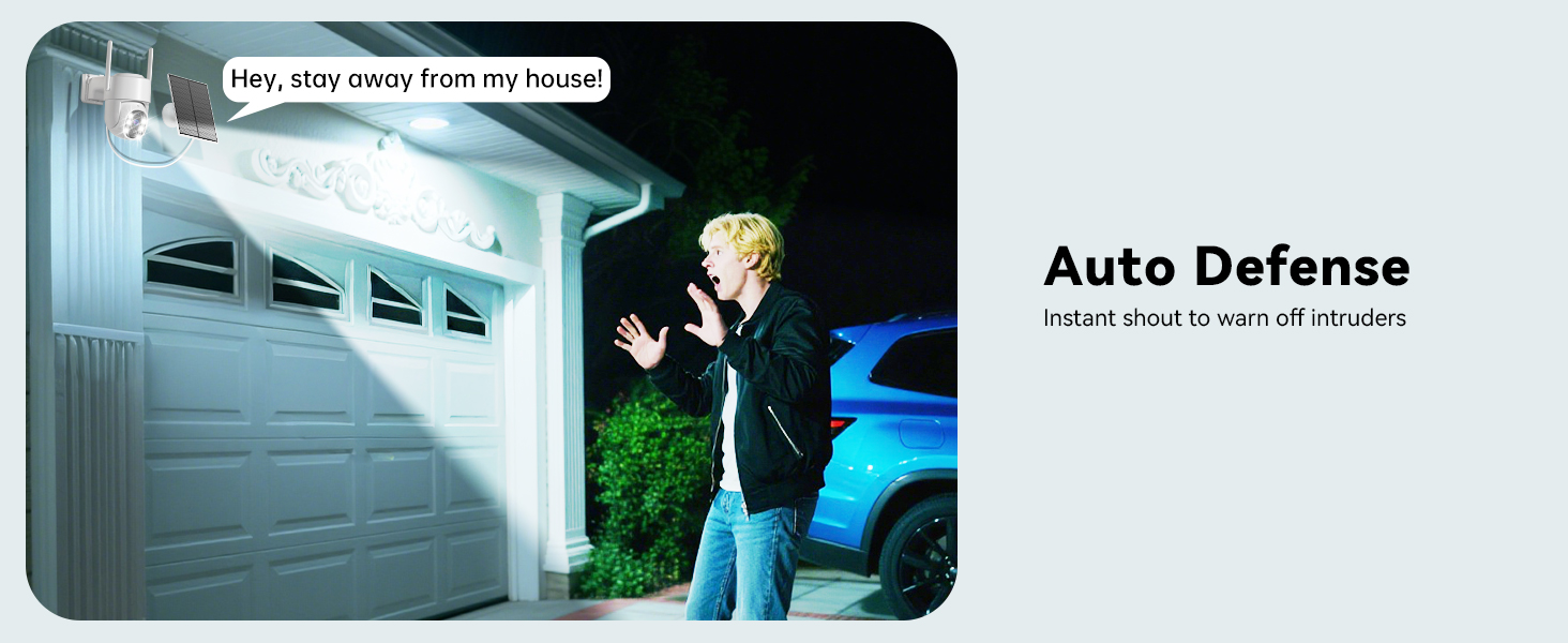 Text reads 'Auto Defense'. Sequence of images showing a security or monitoring system setup in what appears to be an indoor environment.