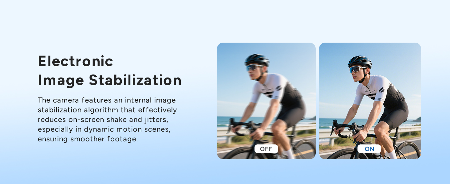 Text reads 'Electronic Image Stabilization'. Side-by-side comparison showing cycling footage, demonstrating stabilization technology effect on image quality.