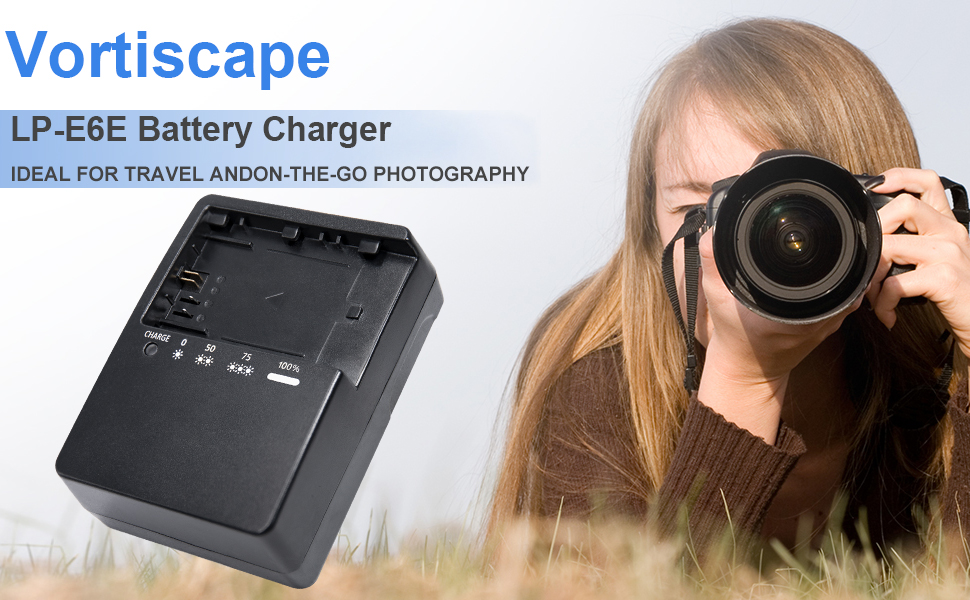 Vortiscape LP-E6E Battery Charger for cameras, shown with person using DSLR camera. Charger is black with multiple indicator lights, ideal for travel photography.