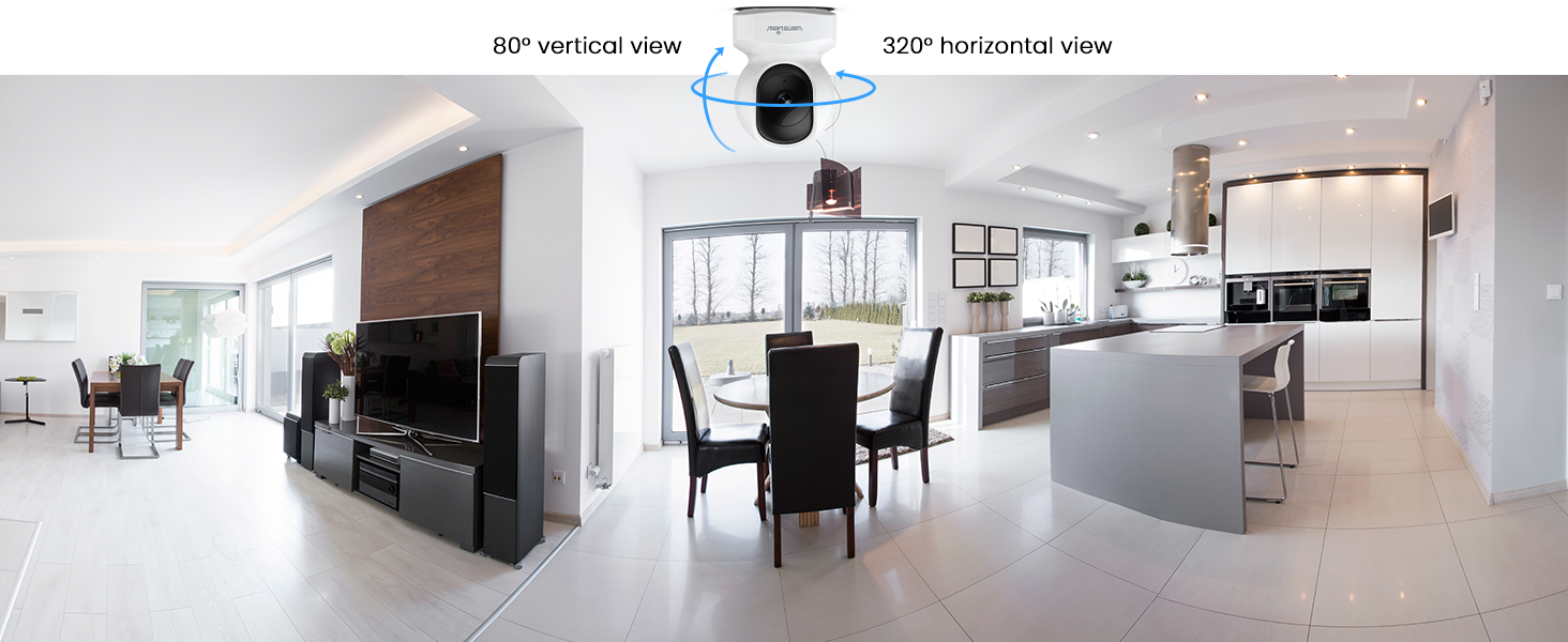 a room with a ceiling mounted camera and a dining room with a table and chairs.