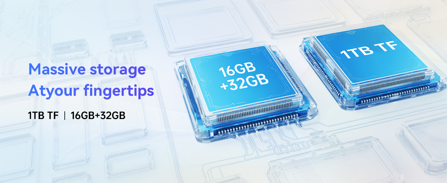 Text reads 'Massive storage At your fingertips 1TB+16 16GB+32GB'. Blue computer chip or storage components shown on light background.