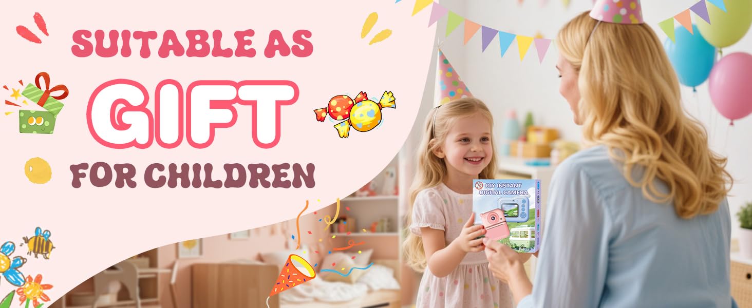 Text reads: 'Fun camera, keeps kids entertained!' Shows children using and enjoying a camera device, with cartoon drawings demonstrating creative photography features.
