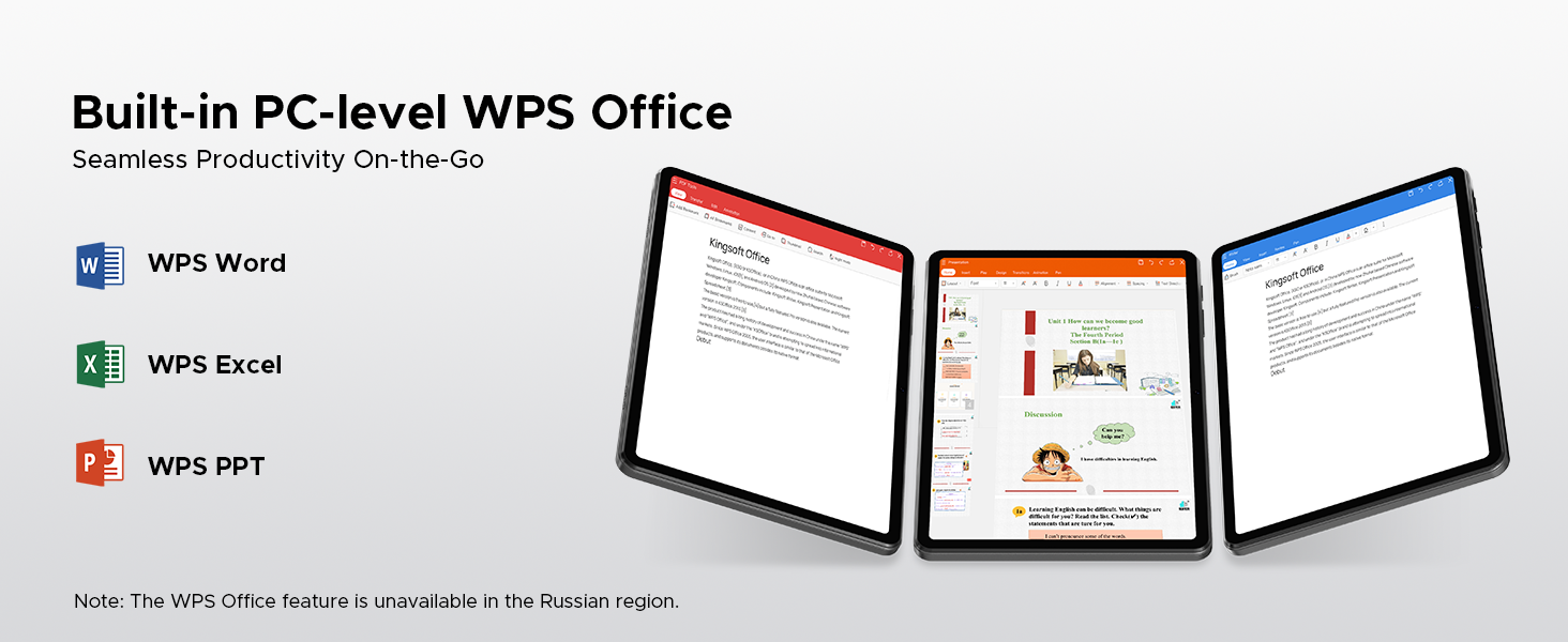 Interface demonstration showing WPS Office applications including Word, Excel, and PowerPoint compatibility on multiple device screens.
