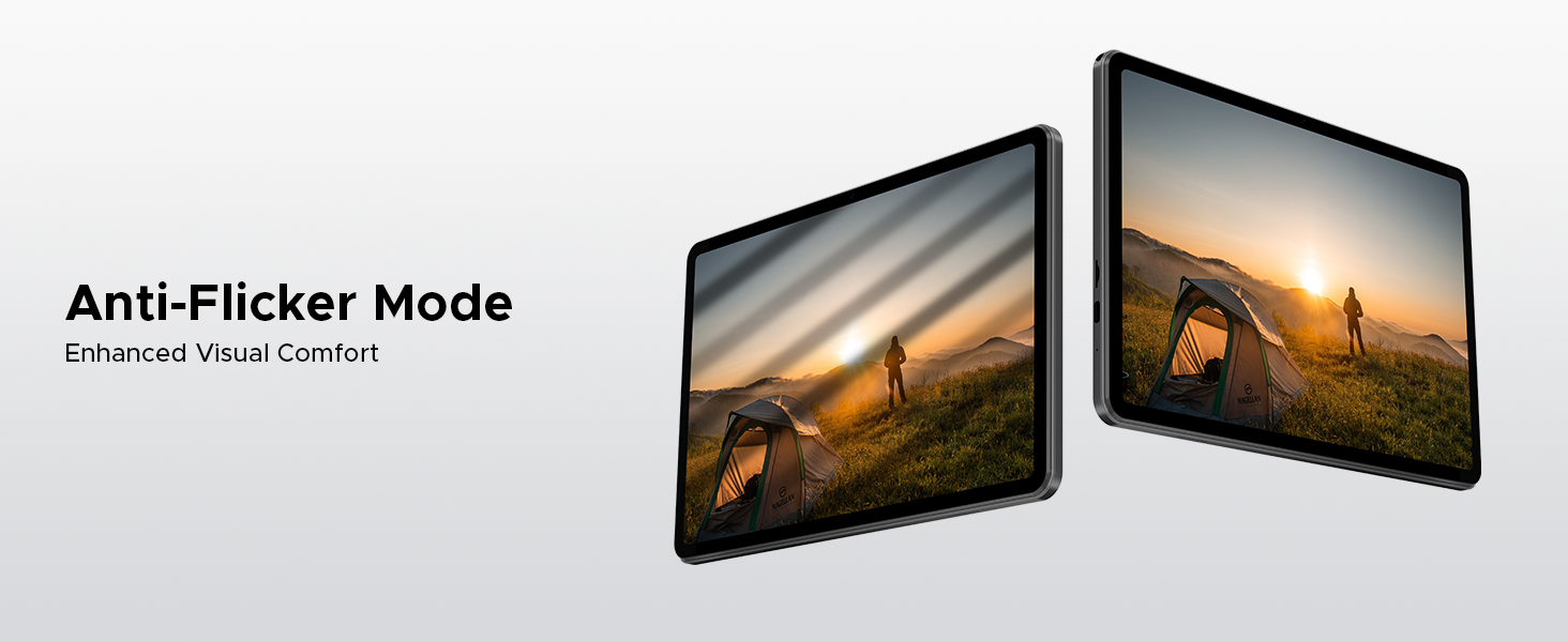 Two tablet or display screens showing landscape photos with text indicating 'Anti-Flicker Mode' feature.