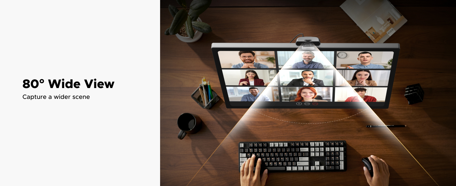 Desktop setup showing three-monitor display with video conference, keyboard, and speakers demonstrating 80-degree wide viewing angle perspective.