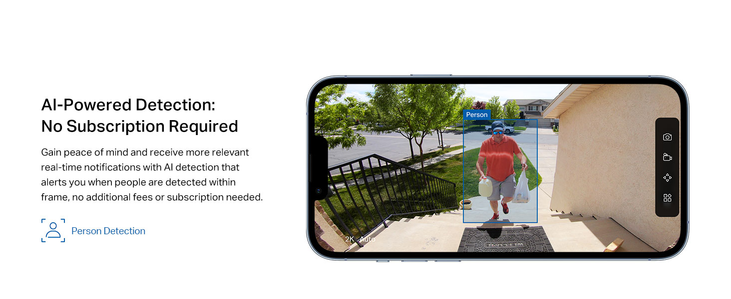 Text reads 'AI-Powered Detection, No Subscription Required'. Mobile app interface screenshots showing security camera feed on smartphone.