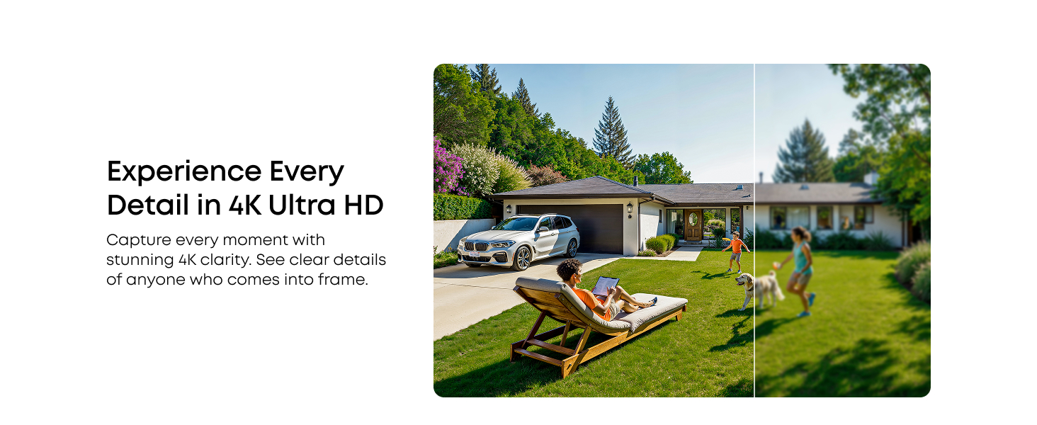 Text reads 'Image 6' and 'Experience Every Detail in 4K Ultra HD'. Split image showing residential exterior with car in driveway and lawn furniture.