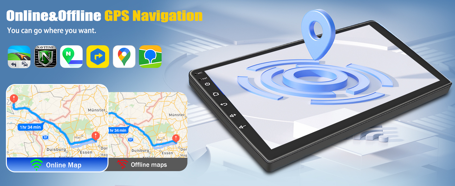 GPS navigation device with large touchscreen displaying map and blue location pin. Shows online and offline navigation options, app icons, and split-screen view of route map.