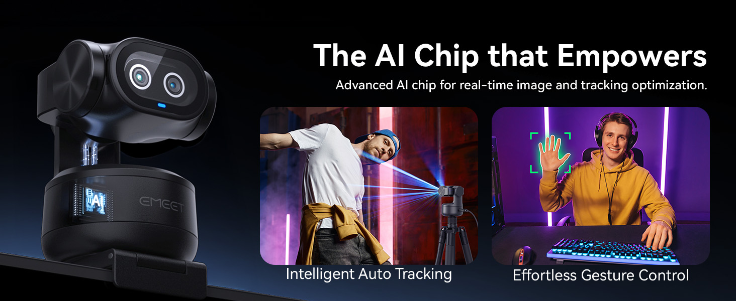 Technology promotional banner showing 'The AI Chip that Empowers' with illuminated circuit designs and purple-tinted interface displays.