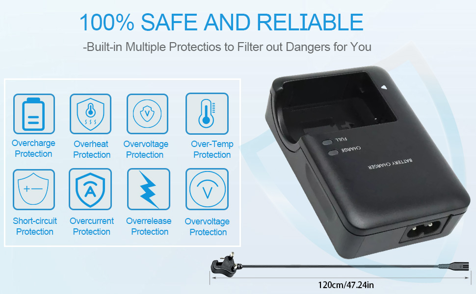 Text reads 'COMPATIBILITY LIST' followed by camera model numbers. Shows black camera battery charger device alongside sample usage photos.
