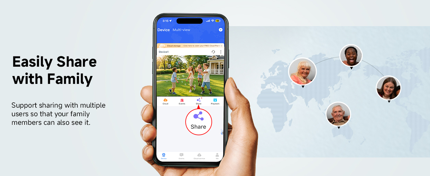 Text reads 'Easily Share with Family'. Mobile app interface showing location sharing between multiple users, with profile pictures displayed on a map.