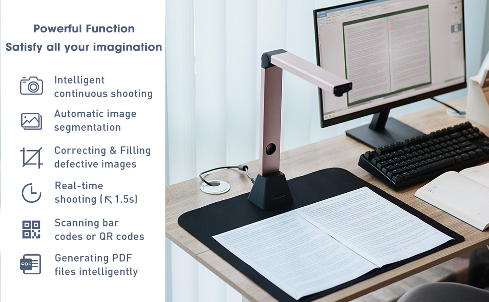 Text reads 'Powerful function' with six icons showing computer features: 'Intelligent', 'Automatic', protection symbols, and scanning indicators with desktop setup illustration.