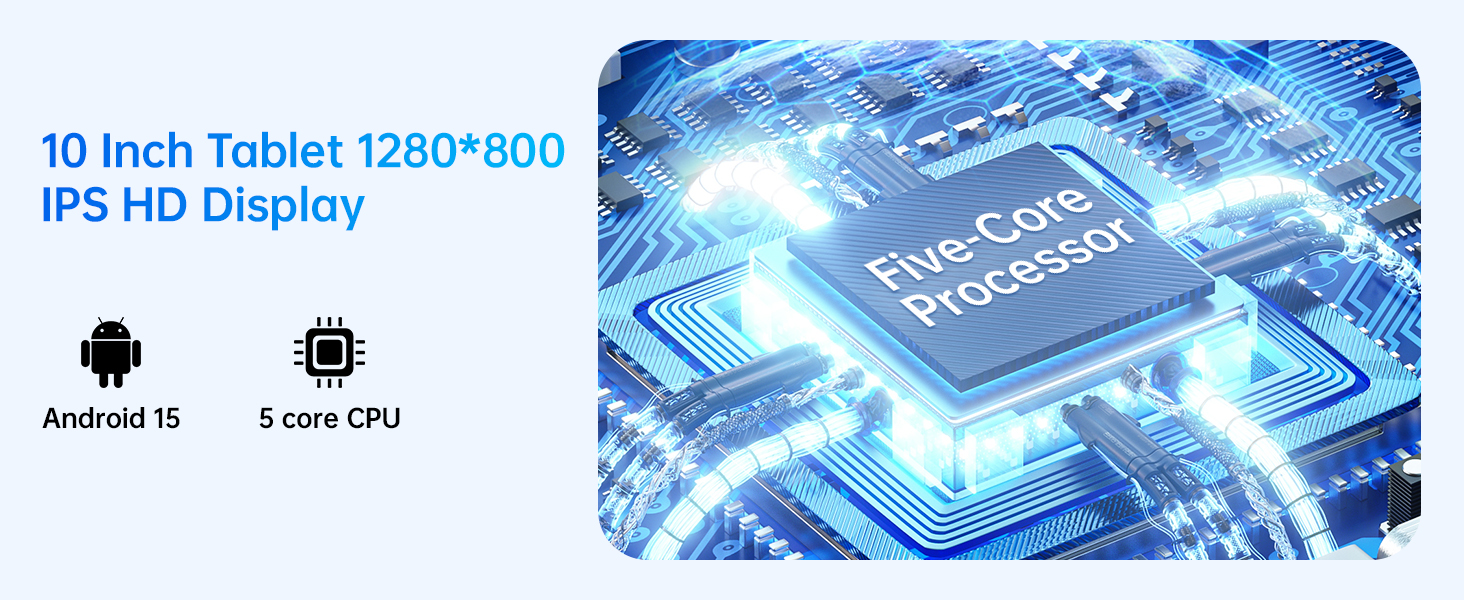 Text reads: '10 Inch Tablet 1280*800 IPS HD Display' with Android icon. Shows blue technological circuit board design with central processor chip illustration.