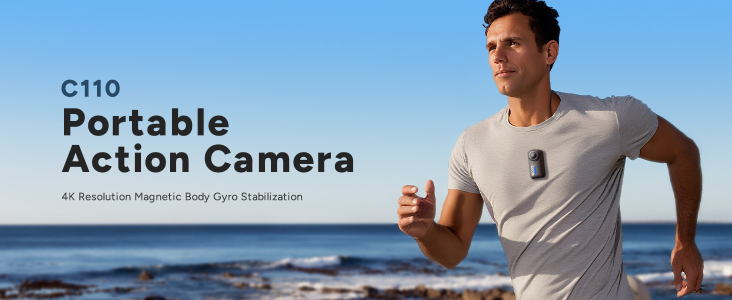 Text reads 'C110 Portable Action Camera'. Image shows person in light-colored long sleeve shirt against blue sky background.