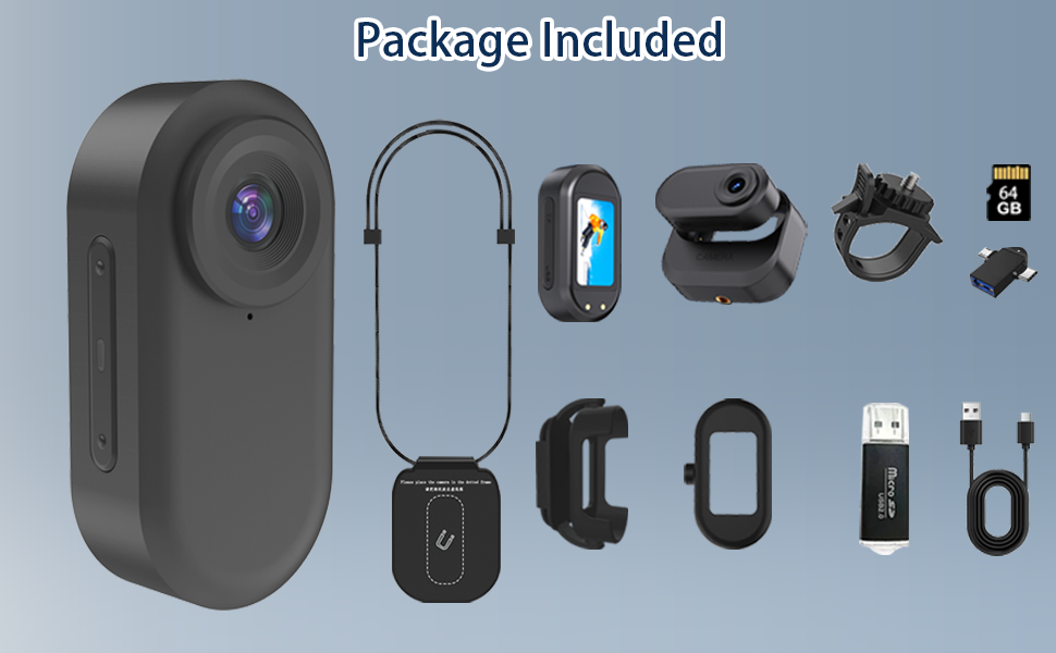 Text reads 'Package included'. Product layout showing multiple electronic components including camera unit, mounting hardware, and accessories in dark gray/black finish.