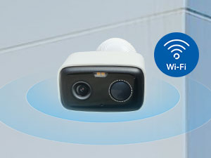 Security camera device mounted on ceiling with WiFi symbol indicator, showing modern surveillance technology in white casing.