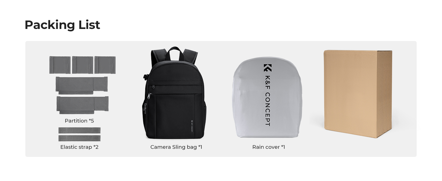 Text reads 'Packing List'. Product packaging contents layout showing a backpack, accessories, and cardboard box arranged in a grid format.