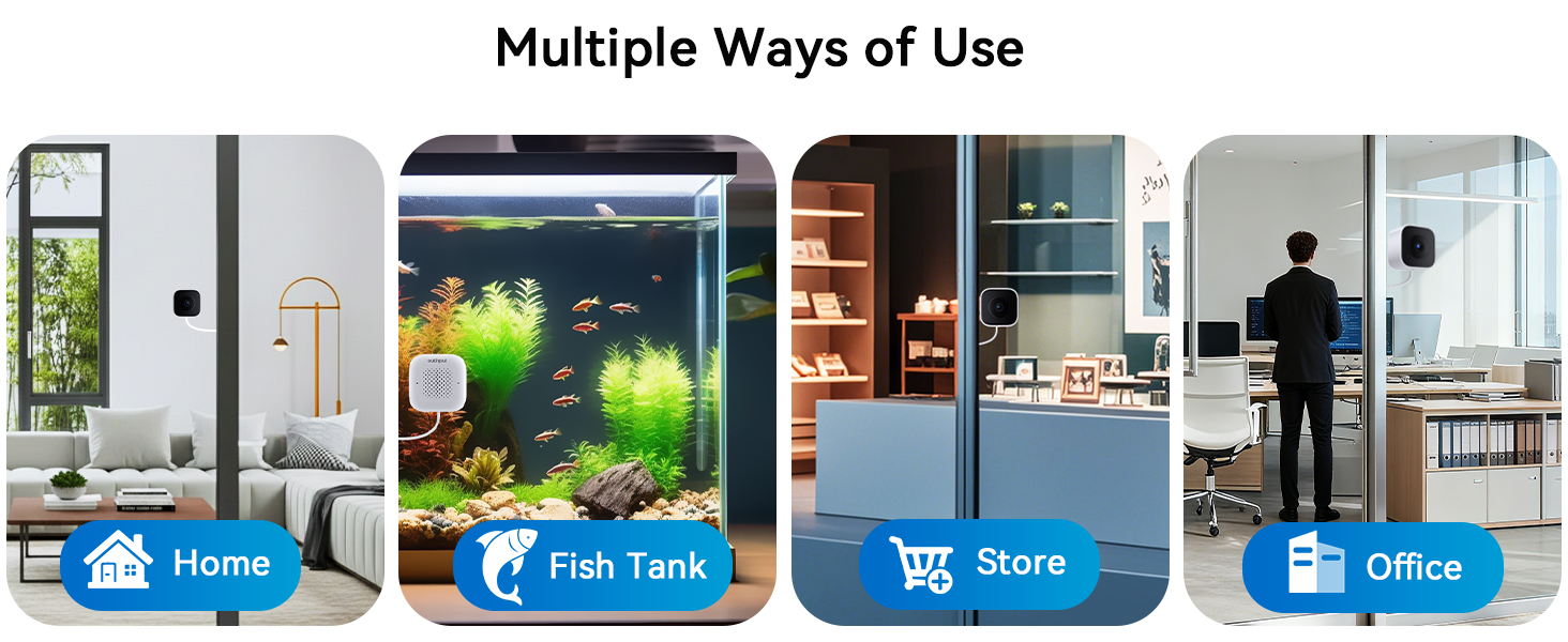 Text reads 'Multiple Ways of Use' followed by icons showing different room settings: Fish Tank, Fish Tank, Bank, and Office environments.