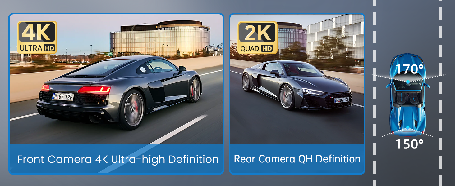 Dual camera system diagram showing '4K Front Camera 4K Ultra-High Definition' and '2K Rear Camera QHD' with 170° viewing angle indicator.
