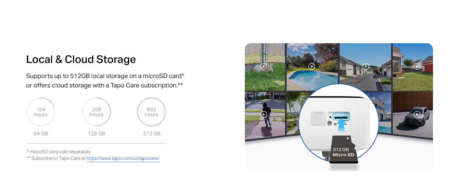 Text reads 'Local & Cloud Storage'. Split image showing cloud storage icons and data metrics on left, collection of outdoor activity photos on right with central circular diagram.