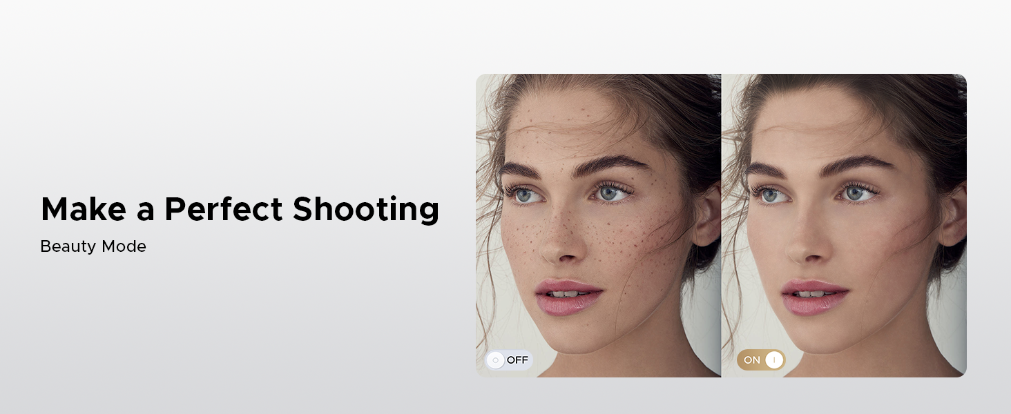 Side-by-side photo comparison demonstrating beauty enhancement software with OFF/ON toggle, showing skin texture adjustment effects.