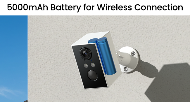 Text reads '5000mAh Battery for Wireless Connection'. Security camera with cylindrical blue battery mounted on wall bracket against light background.