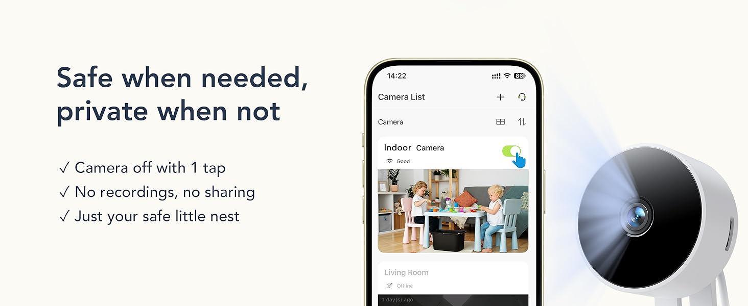 Smart home security camera system with smartphone app interface and round camera device. Features include one-tap camera control and privacy settings.