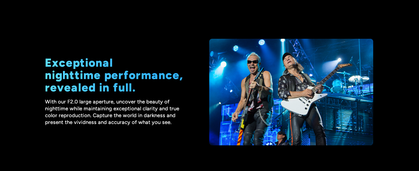 Text reads 'Exceptional training performance.' Concert or performance venue scenes with blue lighting and silhouetted figures on stage.