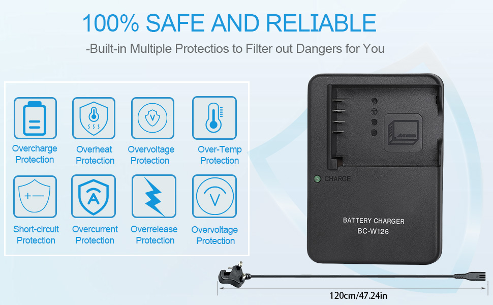 Text reads 'COMPATIBILITY LIST' followed by camera model numbers and specifications. Shows camera battery charger device with product photos.
