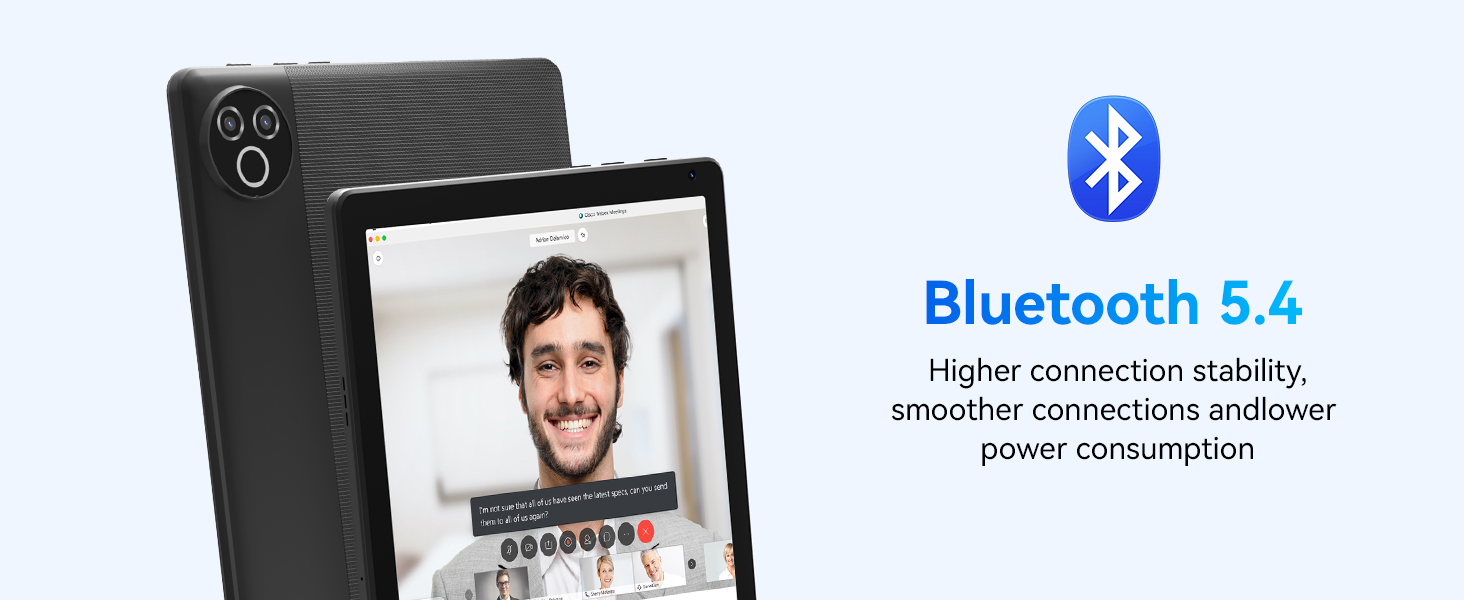 Text reads 'Bluetooth 5.4'. Shows a tablet device with Bluetooth connectivity indicator and text highlighting higher connection stability and lower power consumption.