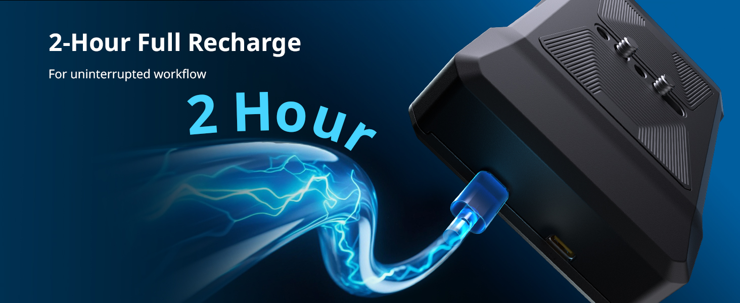 Text reads '2-Hour Full Recharge' with glowing blue charging icon and '2 Hour' text against dark background.