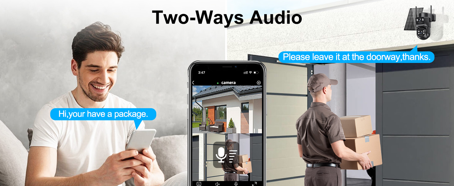 Text reads 'Two-Ways Audio', '5V/3A', 'Fully Charged', 'Charging'. Multiple panels showing device usage scenarios with technical specifications and charging indicators.