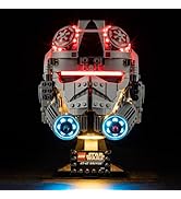 LEGO Star Wars helmet display model illuminated with blue lighting effects. Detailed recreation of Mandalorian helmet with characteristic T-shaped visor.