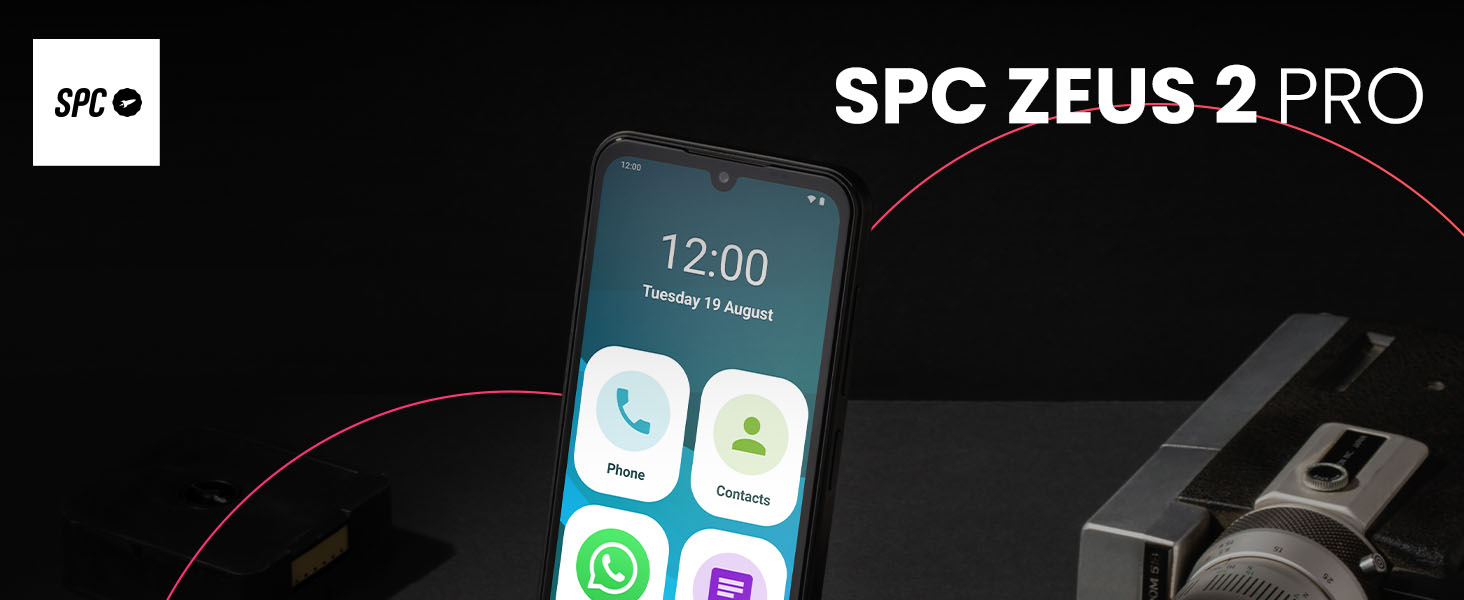 Text reads 'SPC ZEUS 2 PRO'. Dark background with smartphone interface display showing app icons and status bar.