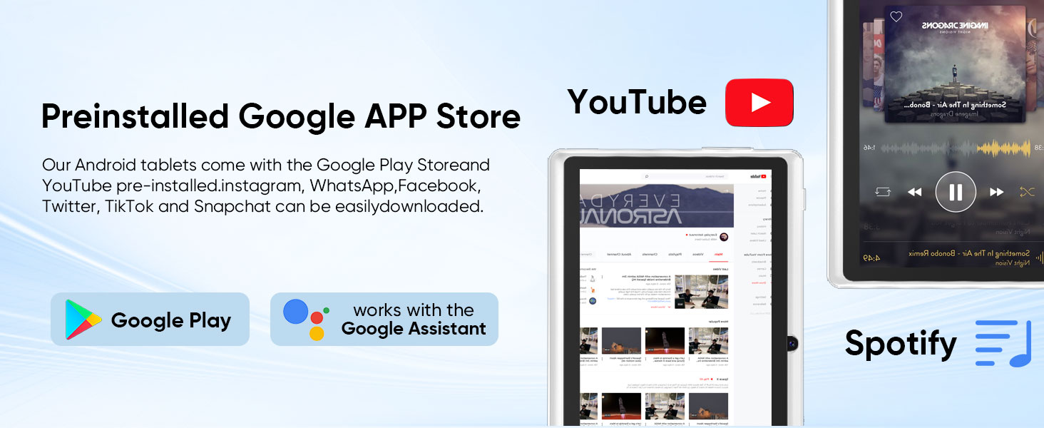 Text reads 'Preinstalled Google APP Store'. Screenshot showing mobile app icons for Google Play Store, YouTube, and Spotify on a smartphone interface.