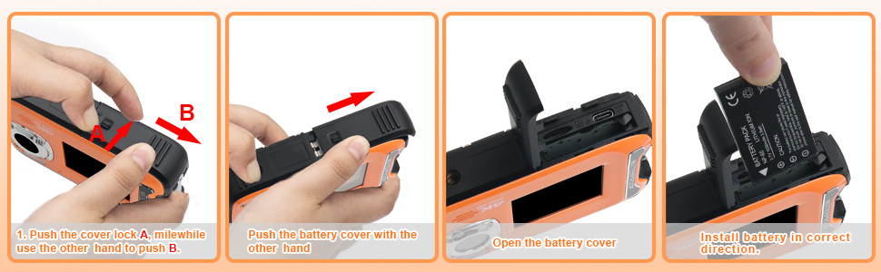 Four-panel instruction sequence showing hands demonstrating installation steps for a black electronic device or mount.