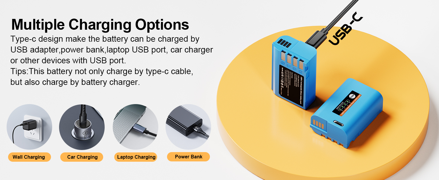 Light blue camera battery or charging device displayed with compatibility information and connection ports against white background.