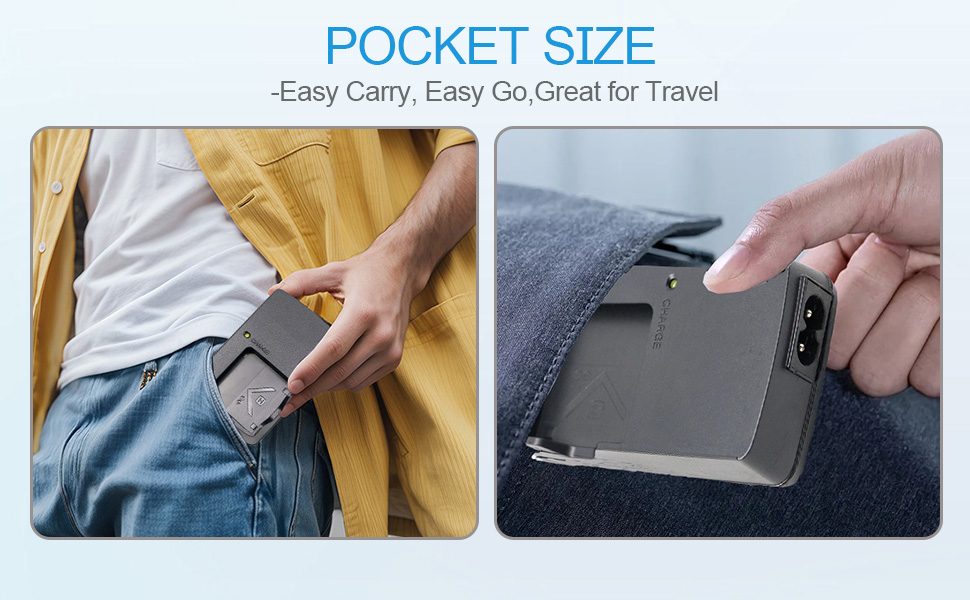 Text reads 'POCKET SIZE'. Demonstration photos showing person accessing a slim device or card holder from pants pocket.