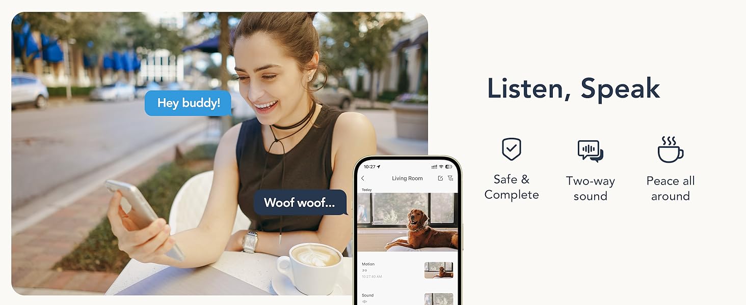 Smartphone app interface showing video call and security features. Icons indicate two-way audio and motion detection. Woman outdoors interacts with device, demonstrating product use.