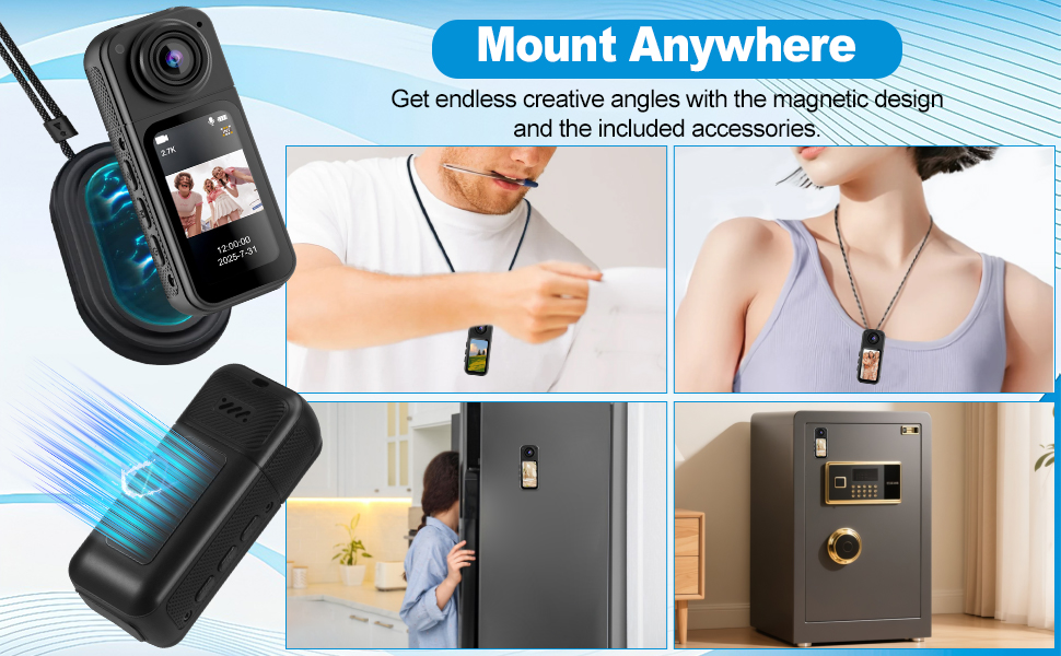 Multiple views of a small black digital video doorbell or security camera device showing different mounting angles and features against a blue background with arrow indicators.