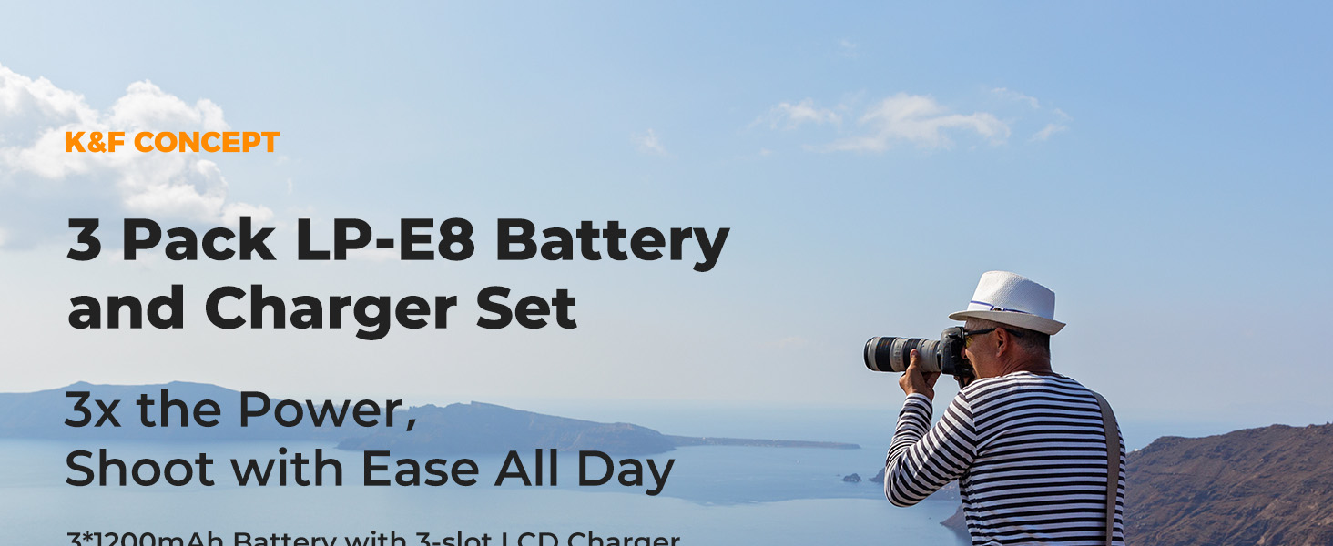 LP-E8 camera battery and charger set advertisement showing outdoor photography scene and '3x the Power' messaging.