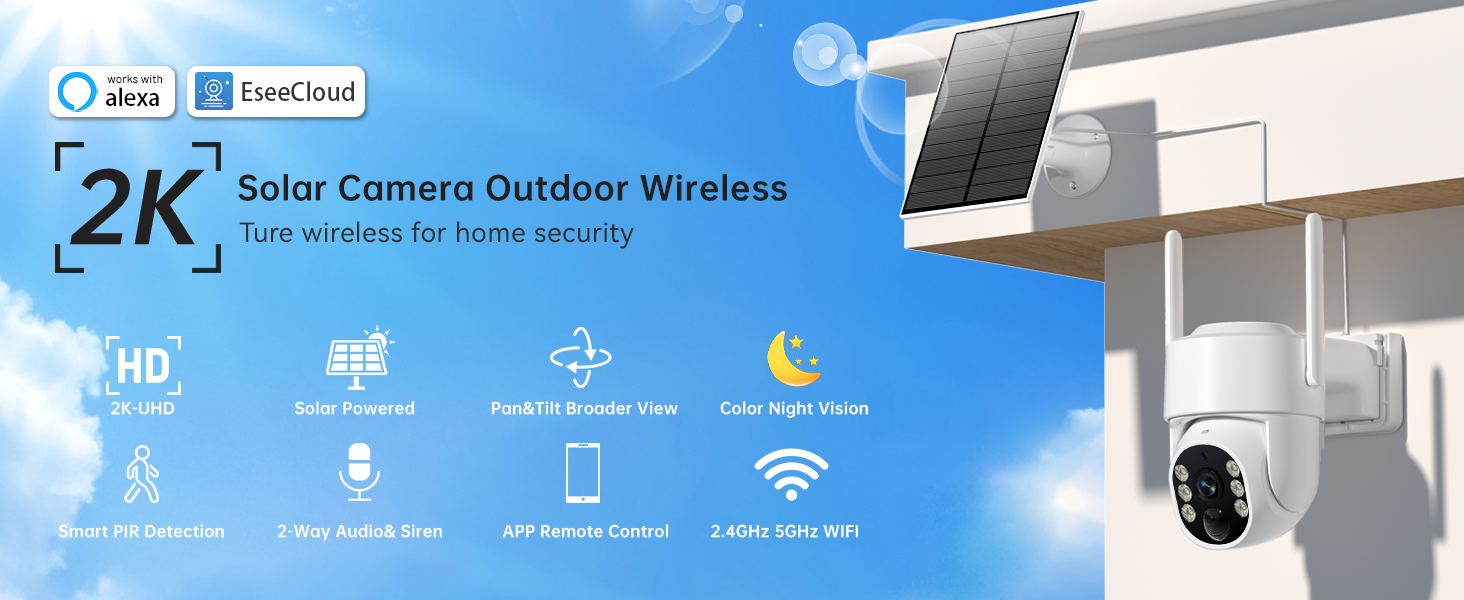 Text reads '2K'. Product advertisement showing outdoor security camera with solar panel. Icons display various features including HD quality and wireless connectivity.