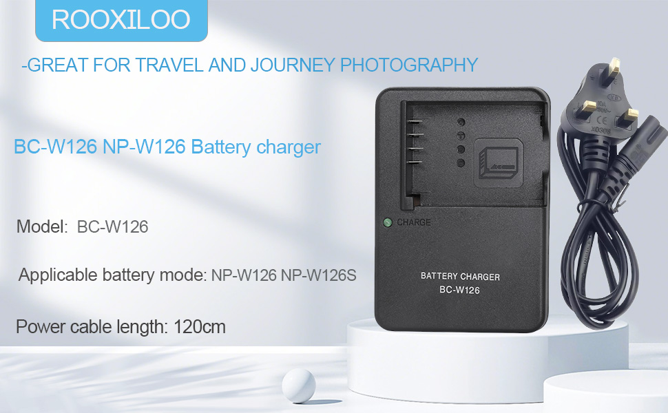 Product photos showing camera battery charger components. Multiple views of charging device, USB cable, and technical specifications display for camera battery charging system.