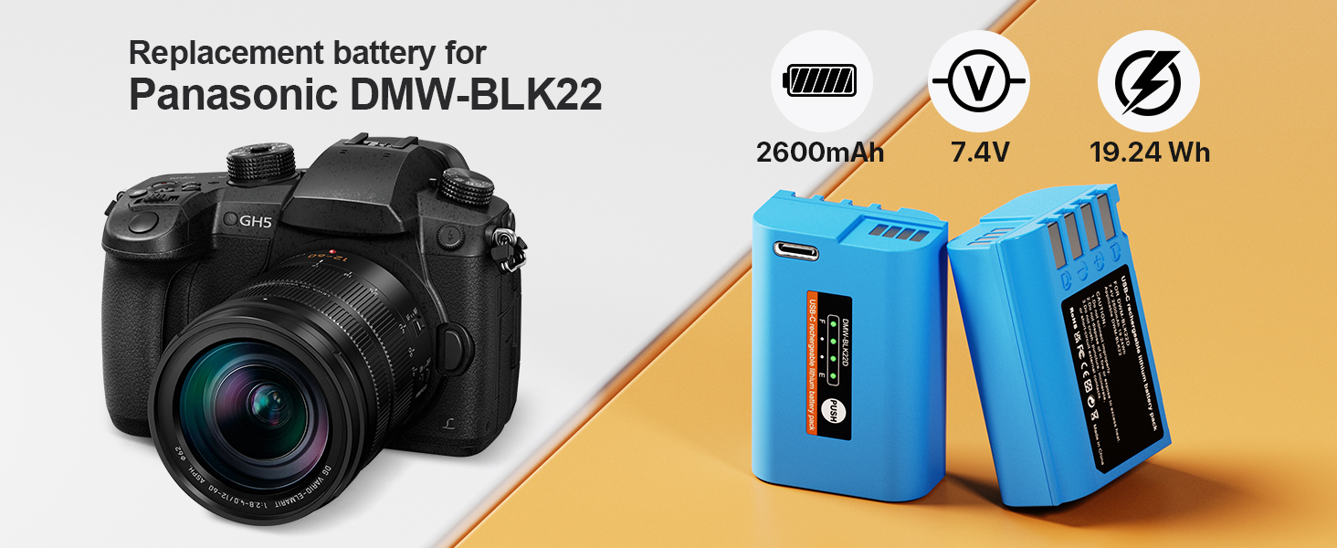 Panasonic DMW-BLK22 camera battery and related accessories displayed against white and orange background with specification icons.