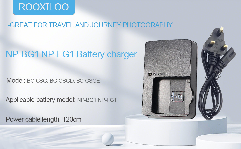 Text reads: 'ROOXLLOO GREAT FOR TRAVEL AND MULTI-PURPOSE PHOTOGRAPHY 1/2 BP-511P PG1 Battery charger Power cable length: 120cm' Product photo of black camera battery charger with cable.