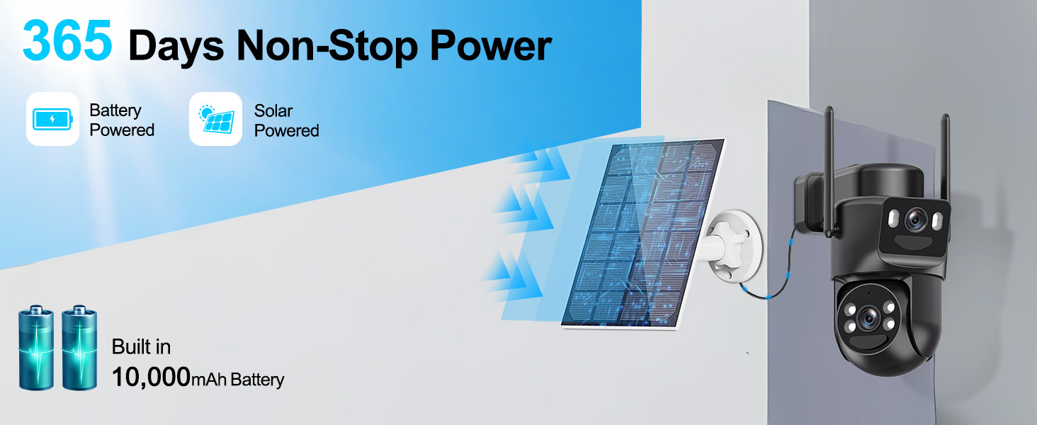 Text reads '365 Days Non-Stop Power'. Marketing image showing solar panel, battery icon, and numeric indicator suggesting extended power capability.
