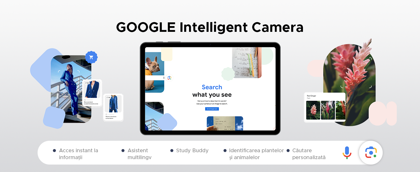 Google Intelligent Camera interface showing multiple panels with image recognition features and controls displayed on a tablet screen.