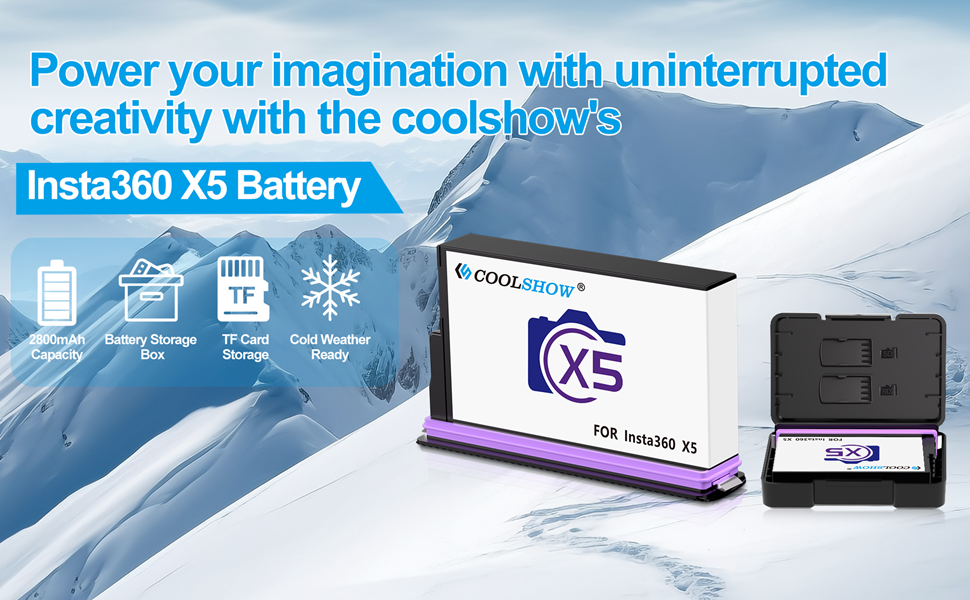 Text reads 'Power your imagination with uninterrupted creativity with the coolMOXS' and 'Insta360 X5 Battery'. Product advertisement showing battery pack against blue background.